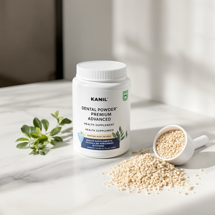 KANIL Dental Powder sobre mármol con hierbas frescas