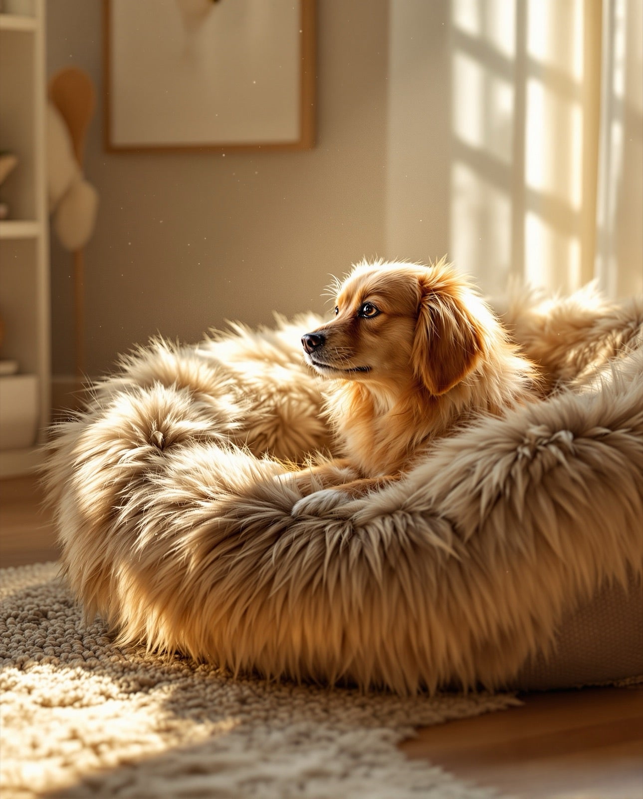 Perro dorado descansando sobre la felpa de la Cama Donna al atardecer